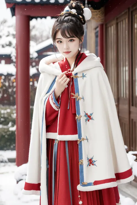 1 girl, (cowboy shot), red hanfu, (Winter hanfu), (skirt, cloak, top, short coat:1.2), headwears, <lora:Winter_Hanfu:0.75>, winter, snow, (outdoors:1.2), masterpiece,ultra realistic,32k,extremely detailed CG unity 8k wallpaper, best quality