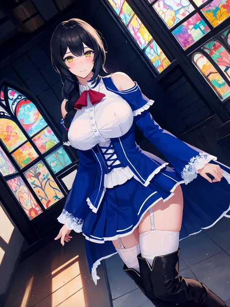 masterpiece,best quality,highres,cinematic lighting,dramatic angle,1girl,<lora:NightOfRevengeV1-000012:0.7> ,aradia,black hair,gradient hair,braids,yellow eyes,white shirt,red bowtie,bare shoulders,frills,corset,long blue sleeves,blue skirt,tattoo,thick th...