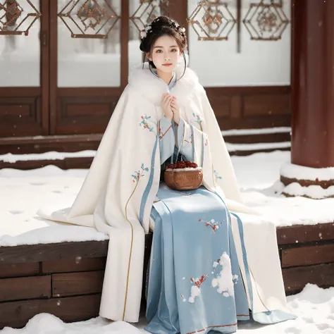 1 girl, sitting, Hanfu, (Winter hanfu), cloak, (snow, winter outdoors:1.2), <lora:Winter_Hanfu:0.65>