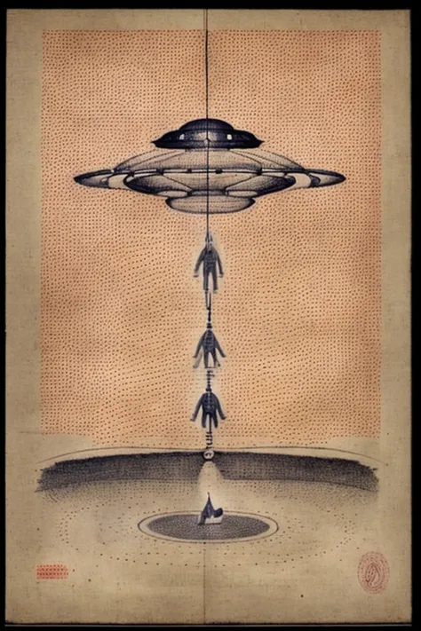 a drawing of a man in a flying saucer