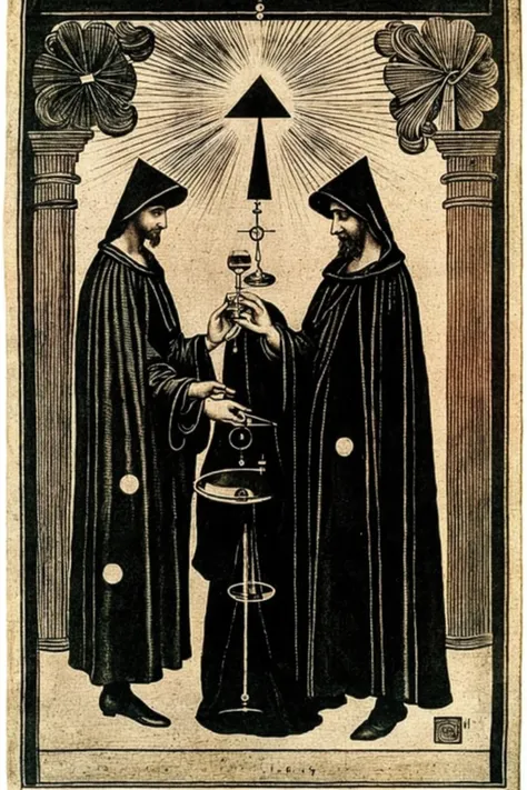 a drawing of a man in a black robe and a black hat , alchemy , esoteric art