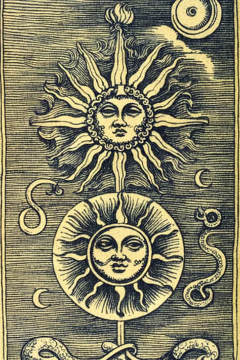 a drawing of a sun, moon, and a snake , alchemy , esoteric art