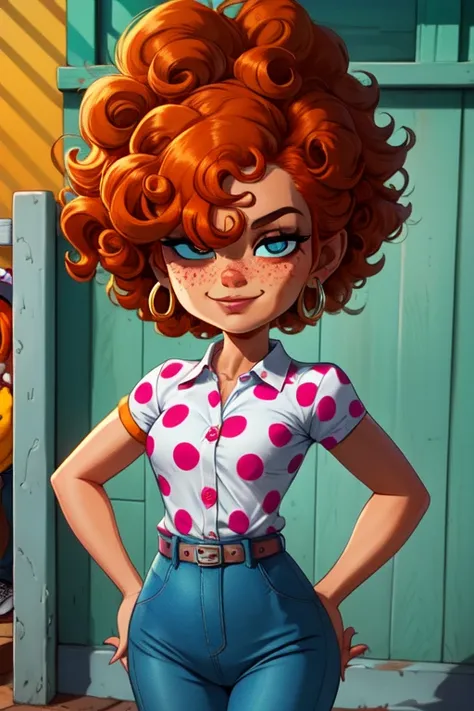 leek, curly orange hair, freckles, hair over eyes:1.2,  standing, cowboy shot, hands on hips, smug expression, 
leeatt, denim pa...