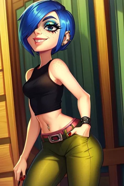 mariek,short blue hair, ear piercing, hair over one eye, freckles, black eyes, makeup, standing, hand sin pockets, smiling, 
mar...