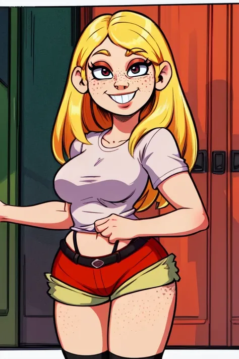 mayk,blonde hair,buck teeth,black eyes,freckles,standing,smiling,cowboy shot,
mayatt,red short shorts,white shirt,socks,brown sh...