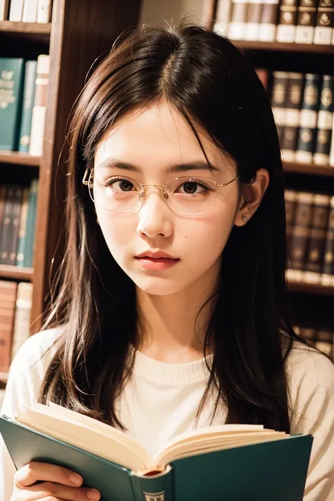 portrait photography of a college belle wearing gold wire glasses reading in the library,<lora:GFMix-dwy235:0.6>,