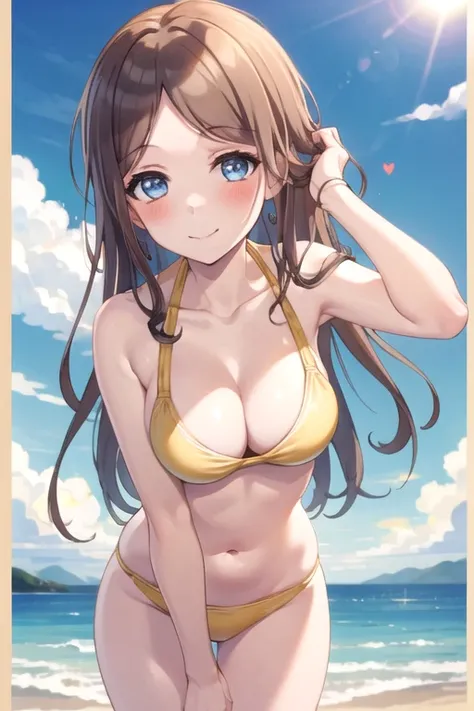 <lora:NagasakiSoyo-10:0.7> , soyomygo, 1girl, solo, long hair, looking at viewer, blush, smile, blue eyes, large breasts, simple background, brown hair,  navel, cleavage, medium breasts, collarbone, swimsuit, heart, bikini, cowboy shot, parted bangs, leani...