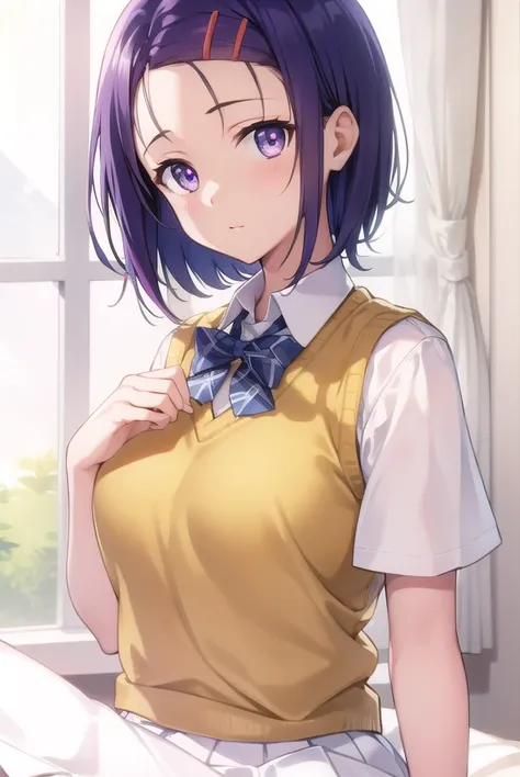 harunasairenji, <lora:harunasairenjitest:1>,
haruna sairenji, hair ornament, hairclip, (purple eyes:1.1), purple hair, short hair, swept bangs, (forehead:1.2),
BREAK green skirt, plaid, plaid skirt, sainan high school uniform, school uniform, skirt, sweate...