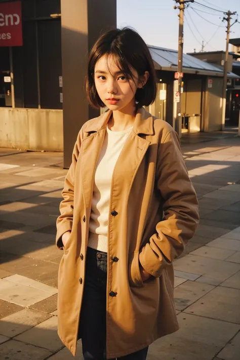 1girl, hands in pockets, short hair, coat, standing, realistic, beautiful shadow, golden hour,
<lora:GFMix-dwy235:0.8>,