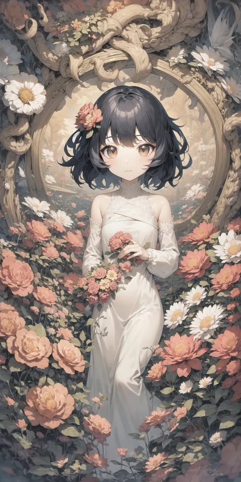 masterpiece, best quality, 1girl, flowers, flat color, lineart