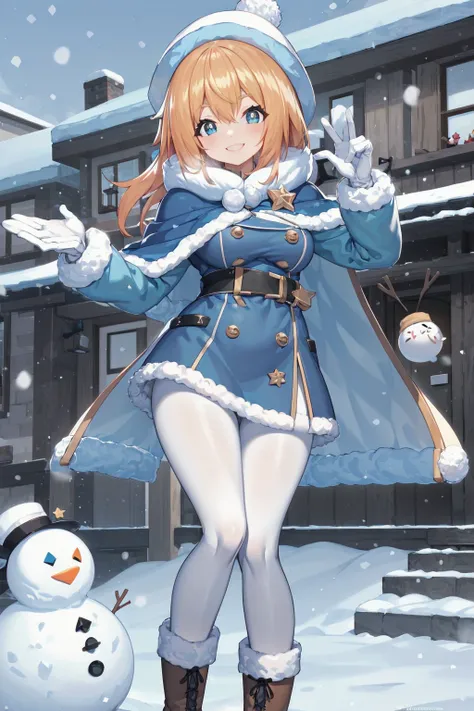 absurdres, outdoor, town snowing, snowman,
standing, throwing snow ball, smile,
tkle, orange hair, star-shaped pupils, blue hat, winter clothes, long sleeves, fur-trimmed capelet, blue capelet, white gloves, black pantyhose, lace-up boots
<lyco:uchihime-tw...