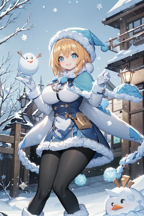 absurdres, outdoor, town snowing, snowman,
standing, throwing snow ball, smile,
tkle, orange hair, star-shaped pupils, blue hat, winter clothes, long sleeves, fur-trimmed capelet, blue capelet, white gloves, black pantyhose, lace-up boots
<lyco:uchihime-tw...