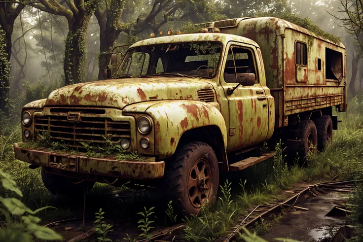 8k, realistic, vray, HDR, 6000K, overgrown, truck <lora:PostApocalyptic5:0.6> SZ_4po enviroment