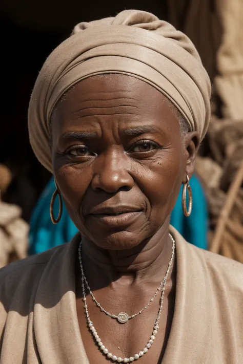 Photo of a congolese woman, wrinkles, aged, necklace, crowded papers room, closeup, neutral colors, barren land