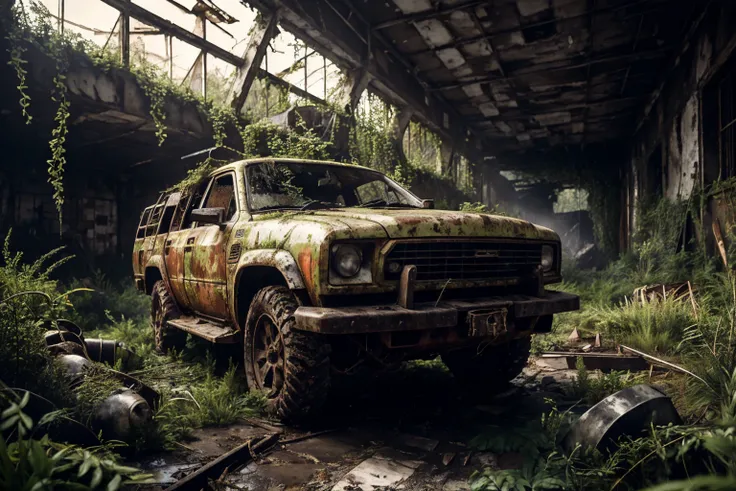8k, realistic, vray, HDR, 6000K, overgrown, tank <lora:PostApocalyptic5-000007:0.6> SZ_4po enviroment