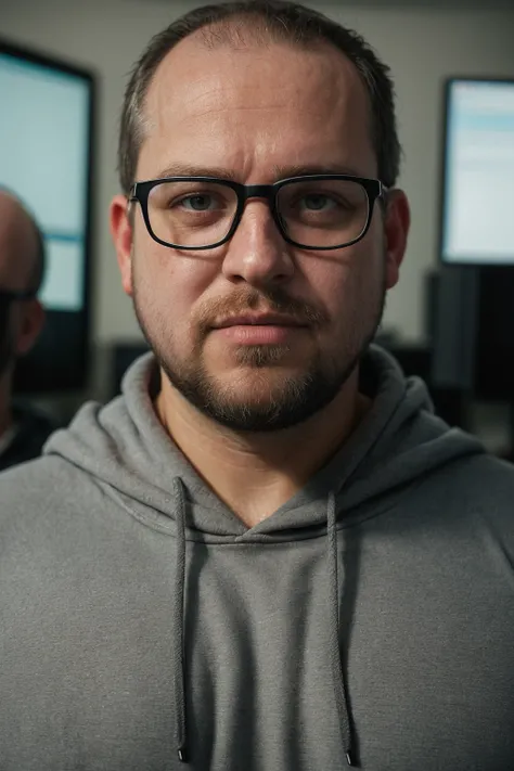 High detail RAW color, (full body Photo) of an unattractive man, wide hips, wearing a ((dirty grey hoodie, sweatpants)), ((scruffy beard, balding, chubby face, wide chin, squinting, glasses)), (standing in front of a wall of monitors and computers in an of...