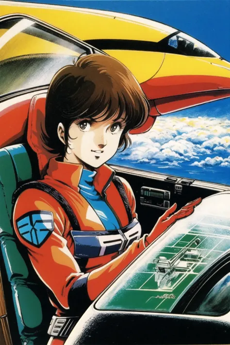 1980s (style), cockpit, retro artstyle, traditional media, 1girl, pilot, helmet, signature, pilot suit, uniform, science fiction...