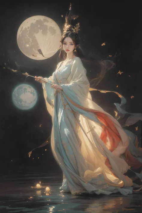 (Glowing ambiance, enchanting radiance, luminous lighting, ethereal atmosphere, mesmerizing glow, evocative hues, captivating coloration, dramatic lighting, enchanting aura),((nude:1)),(boobs naked:0.55), ink painting, ((moon:1)), (masterpiece, top quali...
