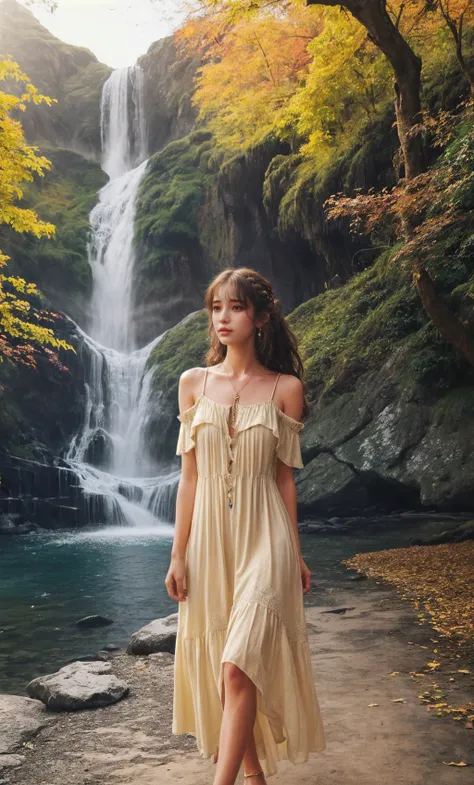 1girl,slg,waterfall,half-up half-down hairstyle,Camel Tiered boho sundress with a keyhole neckline,depth of field, autumn dusk,walk-inguro,looking over one shoulder<lora:slg_v20:1.1>