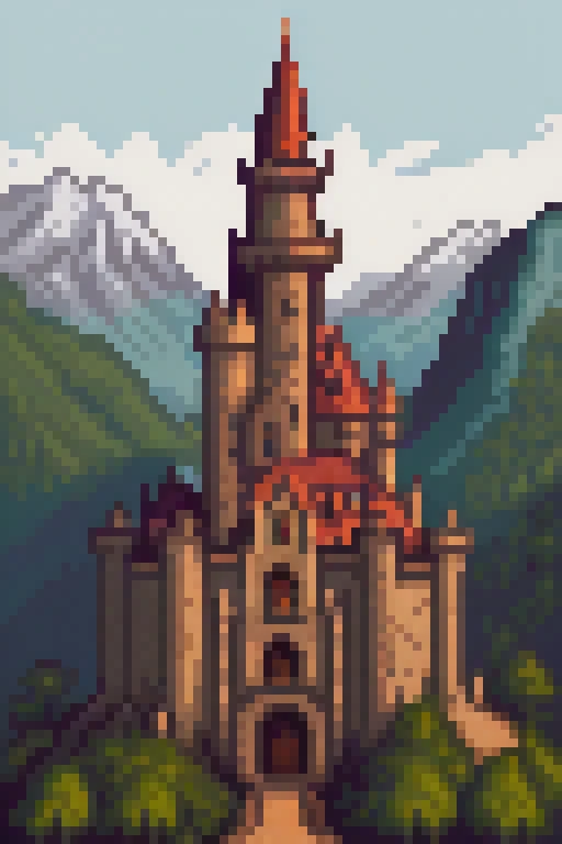 a forbidden castle high up in the mountains, pixel art, (intricate details:1.12), hdr, (intricate details, hyperdetailed:1.15), ...