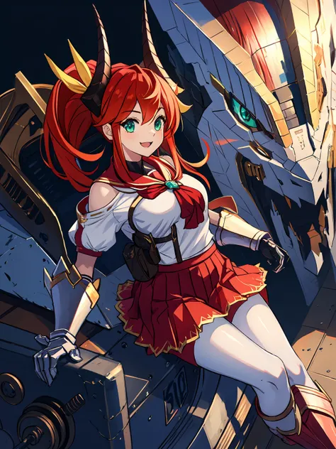 masterpiece,best quality,highres,cinematic lighting,dramatic angle,1girl,<lora:ShadowverseRolaV2-000021:0.8>,red hair,ponytail,hair ornament,horns,green eyes,smile,riding on mecha dragon,happy,serafuku,sailor collar,bowtie,white shirt,gauntlets,gloves,red ...