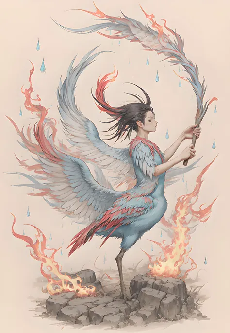 there is a drawing of a woman holding a fire and a bird