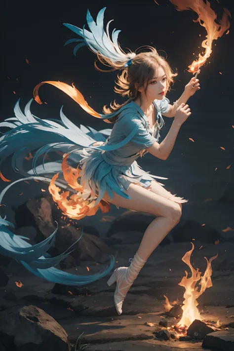 anime girl with long hair and flowing dress running through fire