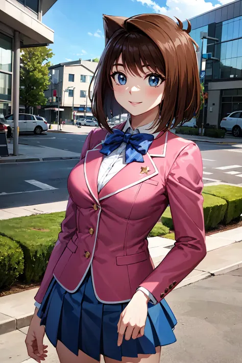 masterpiece, best quality, highres, aamazaki, (antenna hair:1.2), medium breasts, blue bowtie, pink jacket, blazer, long sleeves...