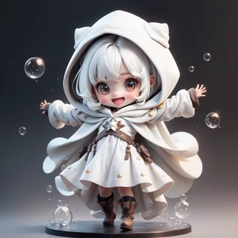 <lora:Designer_BlindBox:0.5>,chibi,cute,white background,simple background,1girl, solo, looking_at_viewer, blush, smile, open_mouth, bangs, gloves, long_sleeves, dress, brown_eyes, full_body, :d, white_hair, boots, white_gloves, hood, chibi, cape, star_(sy...