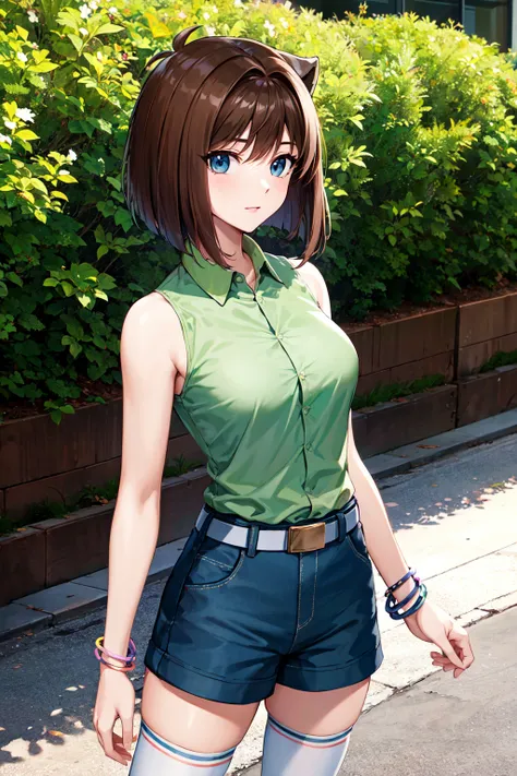 masterpiece, best quality, highres, aamazaki, (antenna hair:1.2), medium breasts, green shirt, sleeveless, bracelet, belt, blue ...