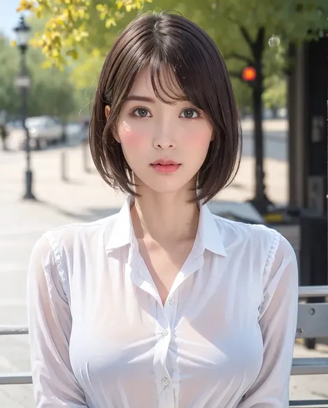 best quality, photorealistic, 8k, high res, full color, 1girl, woman, 20 years old woman, (closed mouth:1.73), (skindentation), (portrait:0.6), trees, park bench, daylight, ((park background:1.52)), full color, ((whitebuttonedshirt:1.58)), looking at viewe...