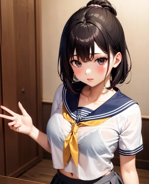 (bra visible through clothes:1.0), (bra:1.0), 1girl, solo, medium breasts, indoors, standing, sailor collar, serafuku, short sleeves, pleated skirt, upper body, see-through, ,
females hand,