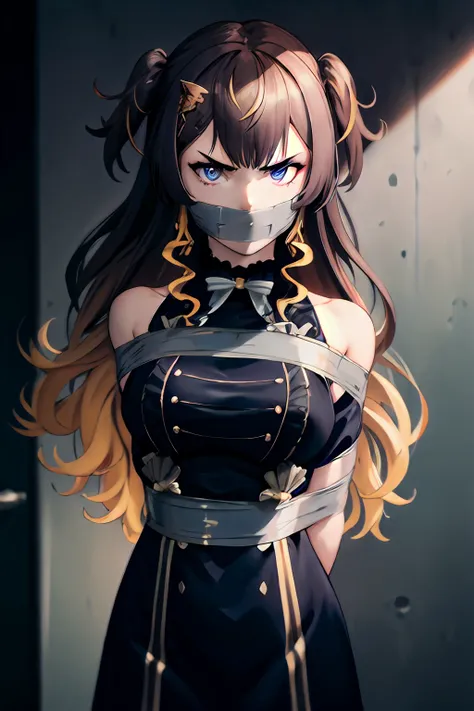 masterpiece, (best quality), RTX, perfect proportions, beautiful, detailed face, (perfect eyes:1.1) ,(photorealistic:1.1), 8k uhd, 1girl, perfect proportion, perfect eyes, bound, bondage, (arms behind back:1.4), angry, glaring, looking at viewer, bdsm, tap...