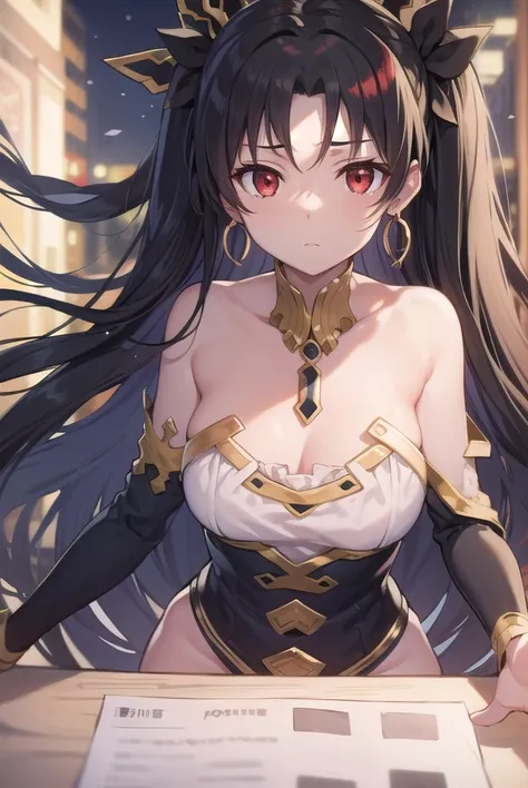 ishtar, <lora:ishtartest:1>, ishtar, ahoge, black bow, bow, black hair, earrings, hair bow, hair ornament, jewelry, long hair, (...