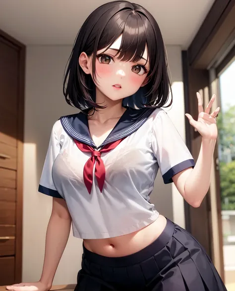 (bra visible through clothes:1.0), (bra:1.0), 1girl, solo, medium breasts, indoors, standing, sailor collar, serafuku, short sleeves, pleated skirt, upper body, see-through, ,
females hand,