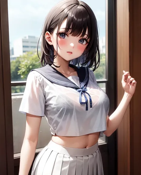 (bra visible through clothes:1.0), (bra:1.0), 1girl, solo, medium breasts, indoors, standing, sailor collar, serafuku, short sleeves, pleated skirt, upper body, see-through, ,
females hand,