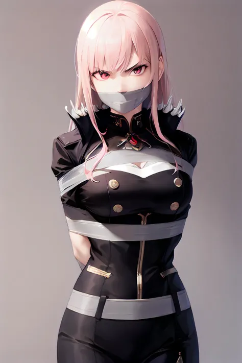 masterpiece, (best quality), RTX, perfect proportions, beautiful, detailed face, (perfect eyes:1.1) ,(photorealistic:1.1), 8k uhd, 1girl, perfect proportion, perfect eyes, bound, bondage, (arms behind back:1.4), angry, glaring, looking at viewer, bdsm, tap...
