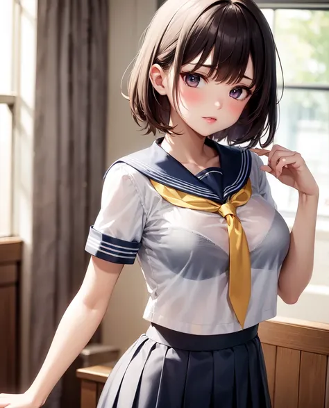 (bra visible through clothes:1.0), (bra:1.0), 1girl, solo, medium breasts, indoors, standing, sailor collar, serafuku, short sleeves, pleated skirt, upper body, see-through, ,
females hand,