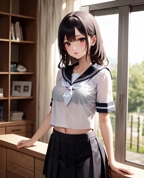 (bra visible through clothes:1.0), (bra:1.0), 1girl, solo, medium breasts, indoors, standing, sailor collar, serafuku, short sleeves, pleated skirt, upper body, see-through, ,
females hand,