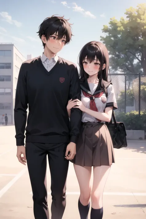 <lora:school_yard_v0.1:1>
school yard, 1girl, 1boy, embarrassed, blush, walking, school uniform, couple, school bag, field, tree, chain-link fence, arm hug, smile, looking to the side,, masterpiece, best quality, highly detailed
