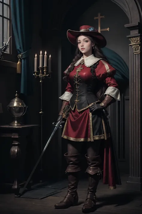 1girl, masterpiece, realistic, upper body of musketeerdress woman in palace gothic, red dress, details, hat, cross symbol, boots, <lora:ARWAMusketeerDress:1> <lora:ARWBedroomGothic:0.65>