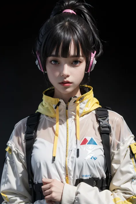 (realistic:1.2),1girl, bandaid, black_hair, dirty, grey_background, headphones, headset, short_hair, solo, breasts, bangs, blue_eyes, simple_background, long_sleeves, medium_breasts, jacket, upper_body, ponytail, small_breasts, lips, see-through, torn_clot...