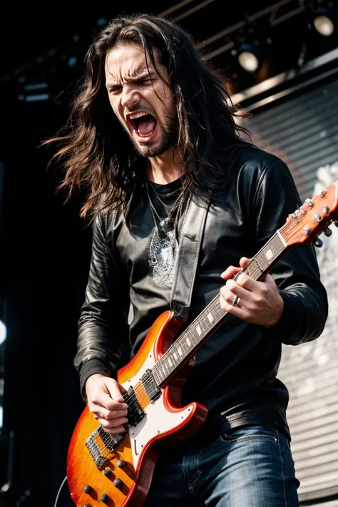 (dynamic pose:1.2),(dynamic camera),photo RAW,(A music promo photo, (close-up) angry scream man male holding metal guitare,long balc hair, rough, dark stage in the background, Realistic, realism, hd, 35mm photograph, 8k), masterpiece, award winning photogr...