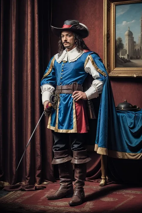 1man, photography, masterpiece, realistic, upper body of musketeerdress in palace, blue dress, details, hat, cross symbol, boots, <lora:ARWAMusketeerDress:1> <lora:ARWBedroomGothic:0.65>