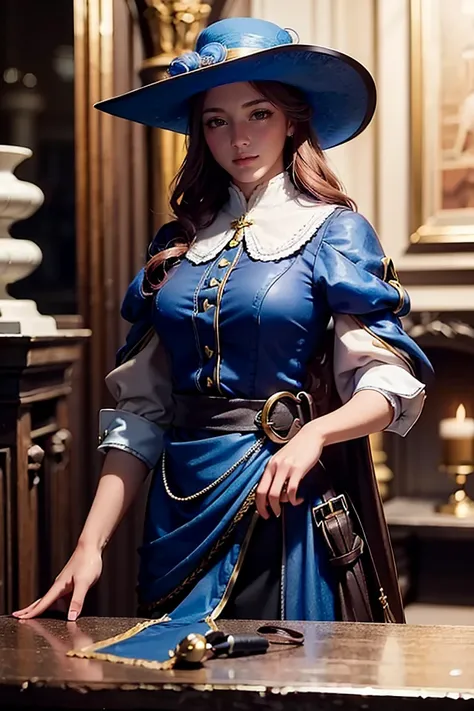 1girl, photography, masterpiece, realistic, upper body of musketeerdress female in palace, blue dress, details, hat, cross symbol, boots, <lora:ARWAMusketeerDress:1> <lora:ARWBedroomGothic:0.65>