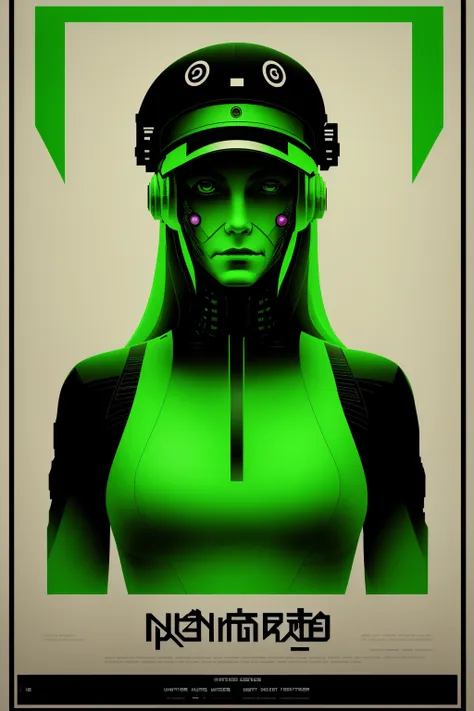 a poster with a picture of a woman with a gun , a woman with green hair and a green hat , cyber_graphic