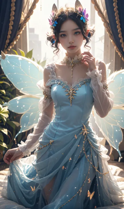 <lora:tcth-fairy:0.6> fairy, butterfly_wings,gem,cowboy shot,vibrant colors,stunning environment ,soft lighting,gorgeous light a...