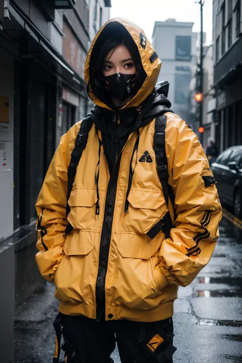 (realistic:1.2),jacket, orange_jacket, 1girl, solo, long_sleeves, upper_body, hood, black_jacket, mask, hooded_jacket, science_fiction, hands_in_pockets, urban techwear, outfit<lora:urbantechwear:1.1:OUTD>