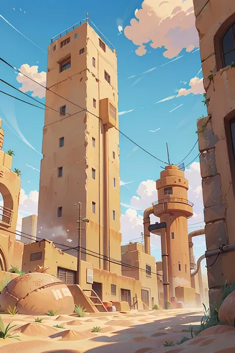 lanscape, sunagakure buildings from sand, dirt, cables, desert, dust, sand, sky cloud, pipes, electricity, cloudy sky, anime style, ghibli style, <lora:ARWSunagakure:1>