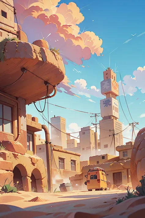 lanscape, sunagakure buildings from sand, dirt, cables, desert, dust, sand, sky cloud, pipes, electricity, cloudy sky, anime style, ghibli style, <lora:ARWSunagakure:1>